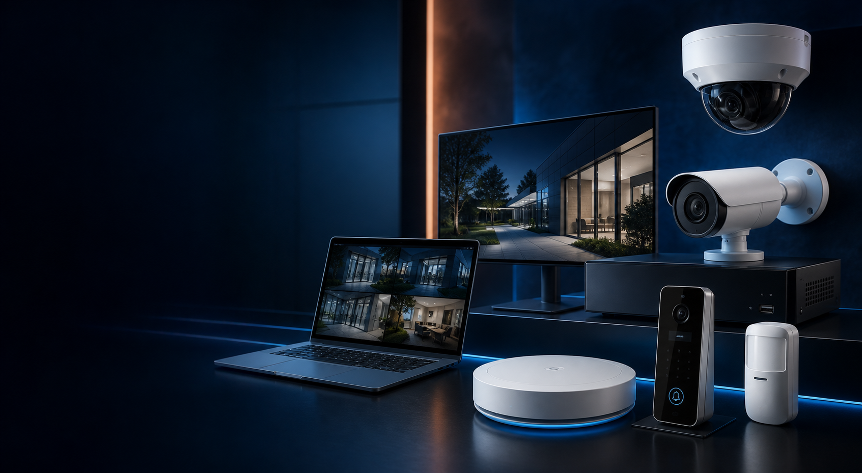 Câmeras, gravador, rede Wi-Fi, computador, alarme e controle de acesso